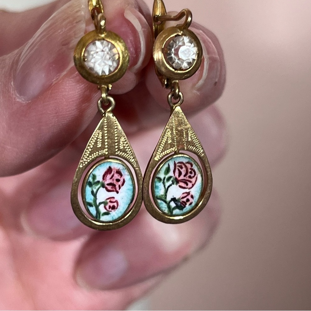 Antique Victorian gold Fill Art Nouveau Hand Painted Flowers Dangle Earring - Picture 5 of 13